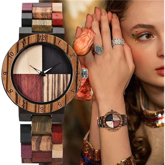 Wooden Fashionable Women Watch with All Wood Strap Quartz Analog Colorful
